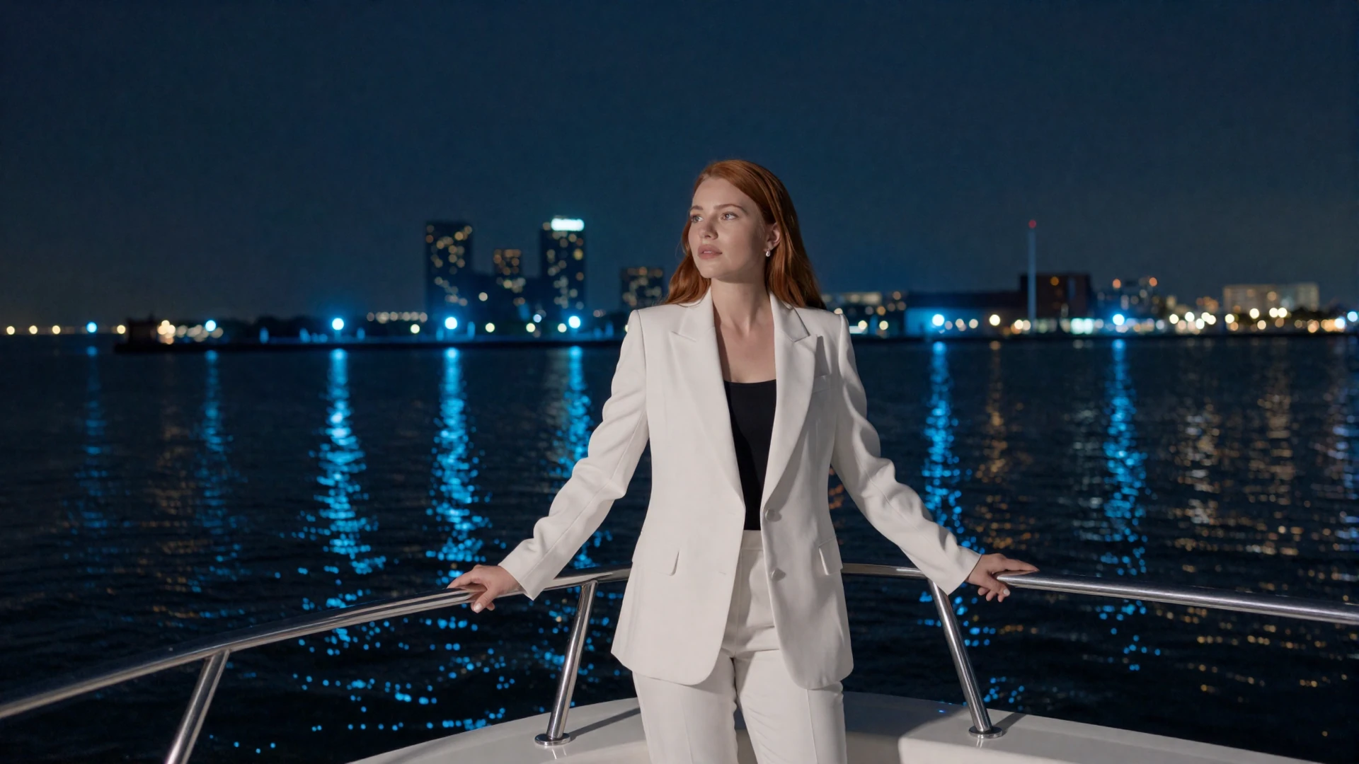Frau in wei&szlig;em Blazer am Bug einer Nacht-Yacht mit blauen Hafenlichtern - Casea Casino Sportwetten