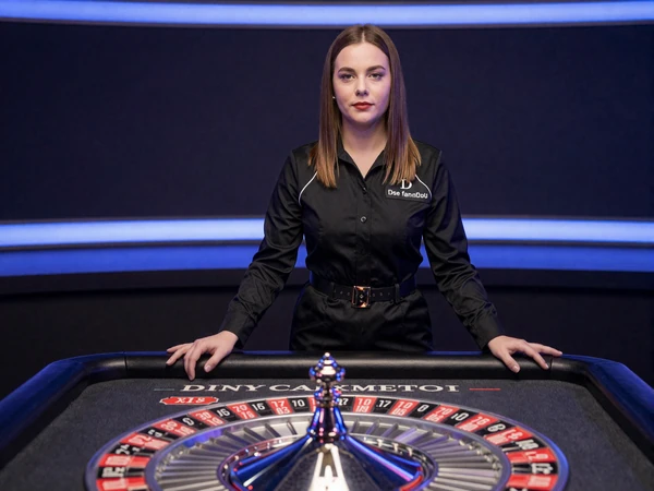 Live Casino Dealerin an Premium-Roulette-Tisch in dunklem Studio mit blauer Akzentbeleuchtung - Casea Casino Live Casino
