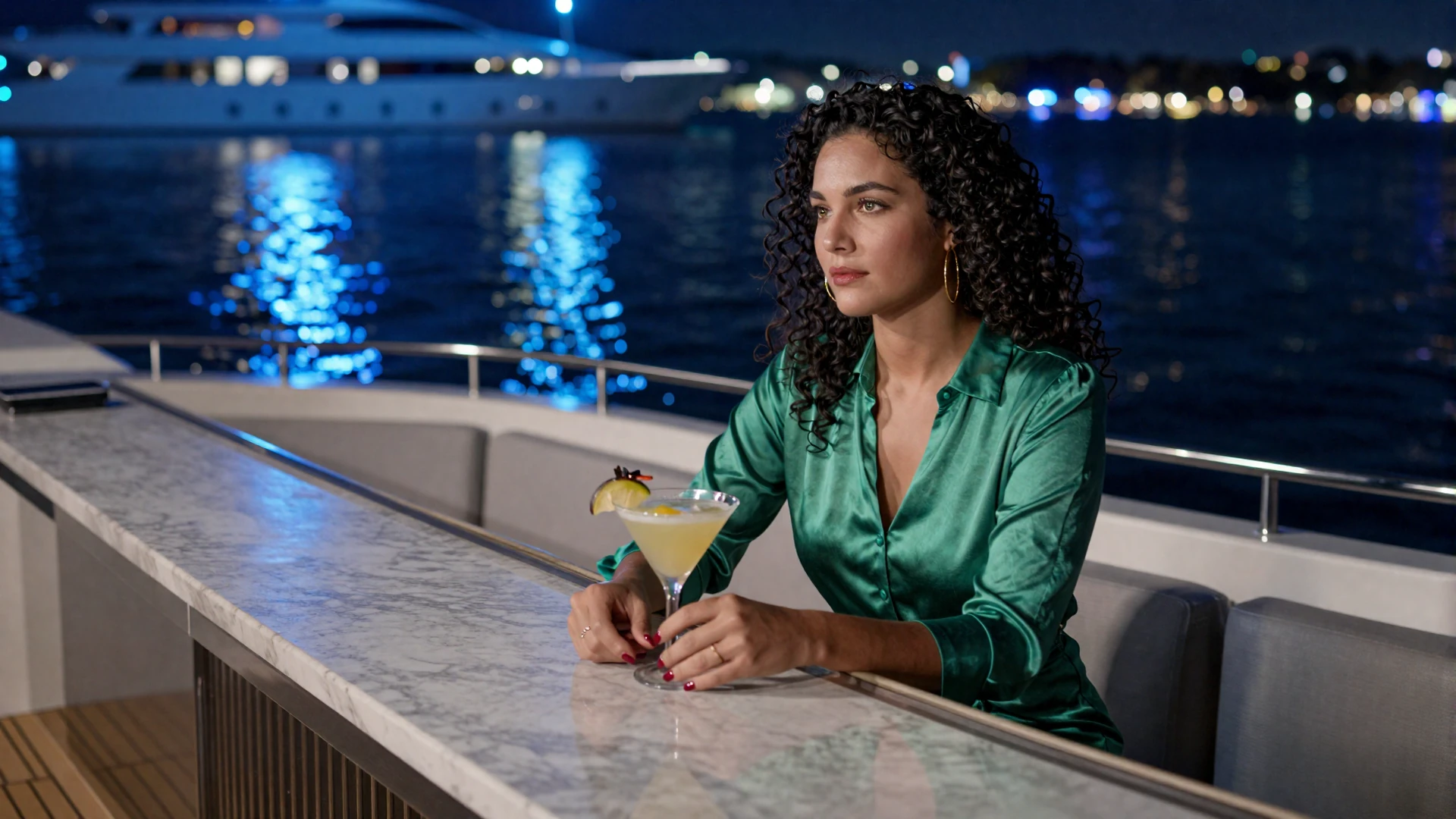 Premium Modell an Yacht-Bar bei Nacht mit blauen Neon-Reflexen - Casea Casino Spiele Lobby