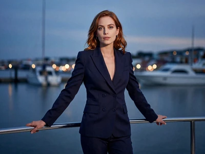 Frau in Navy-Blazer an Yacht-Reling bei D&auml;mmerung - Casea Casino Bonus