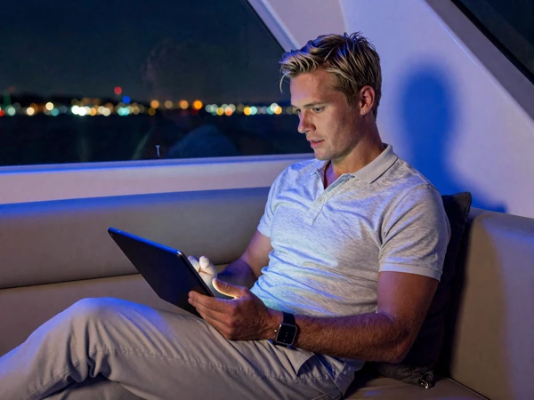 Mann verfolgt Sportwetten auf Tablet in Yacht-Kabine bei Nacht - Casea Casino Sportwetten